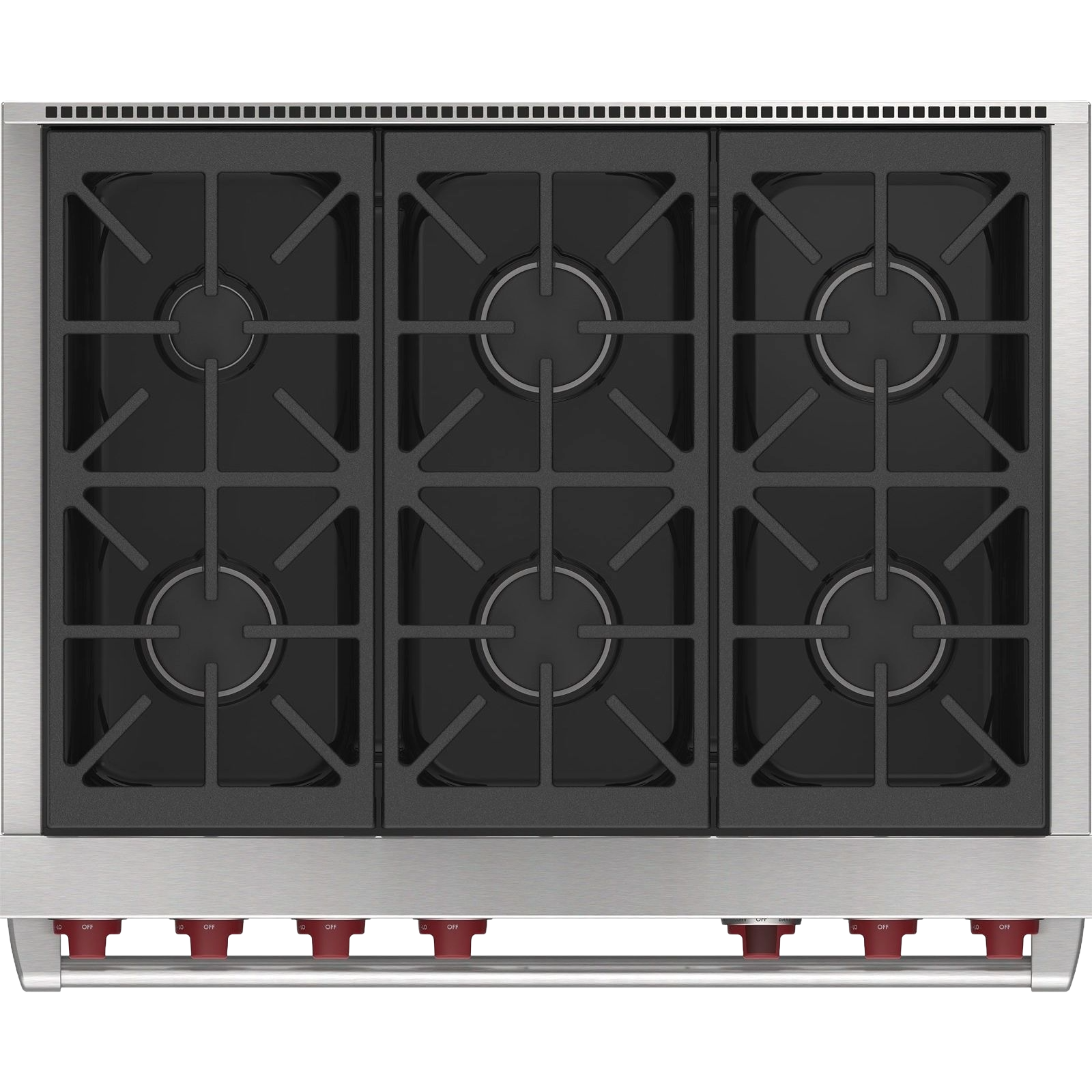 Stainless steel six-burner gas cooktop with black grates and red control knobs from kitchen appliances collection