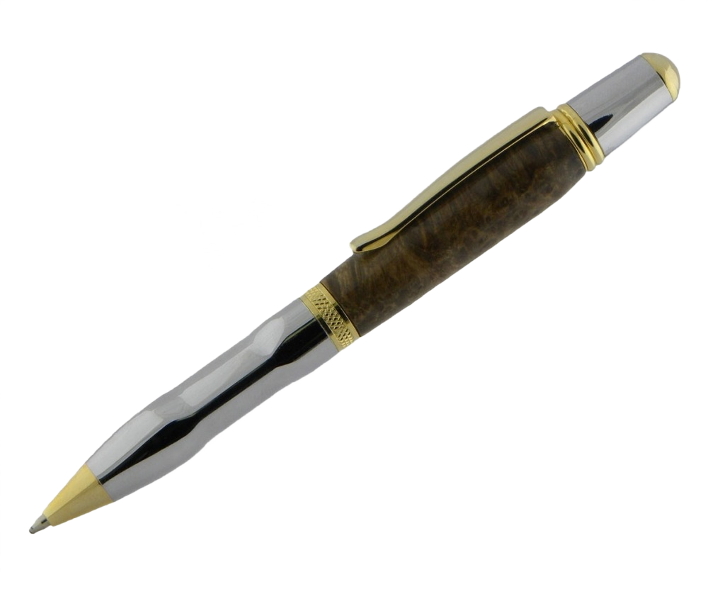 Ballpoint pen with polished chrome body, gold accents, and a dark wood grip section for elegant writing tasks