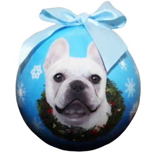 Blue Christmas ornament featuring a French Bulldog face with a wreath and snowflake design, topped with a ribbon bow