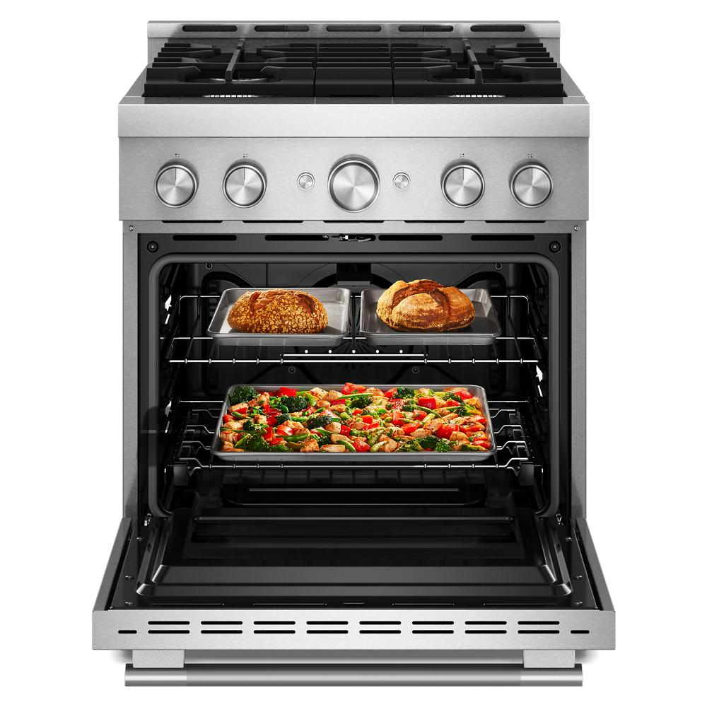 Open commercial-style stainless steel gas range with food baking inside from Ranges and Kitchen & Kitchenware collections