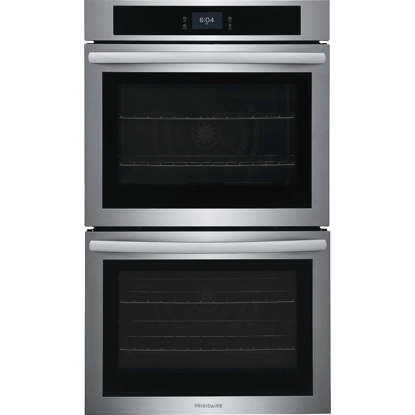 Stainless steel double electric wall oven with fan convection and digital touchscreen control from kitchen appliances collection