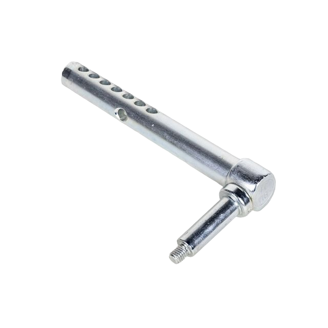 Silver metal mower deck gauge wheel arm with adjustable holes and threaded bolt for tools and home improvement use