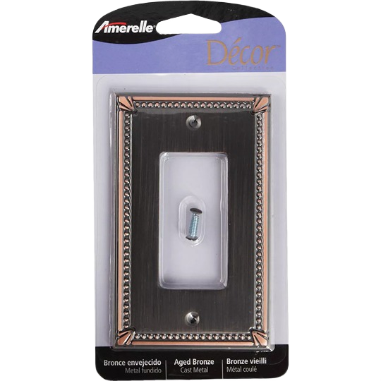 Aged bronze metal wall plate with decorative bead cast border for home improvement and electrical upgrades