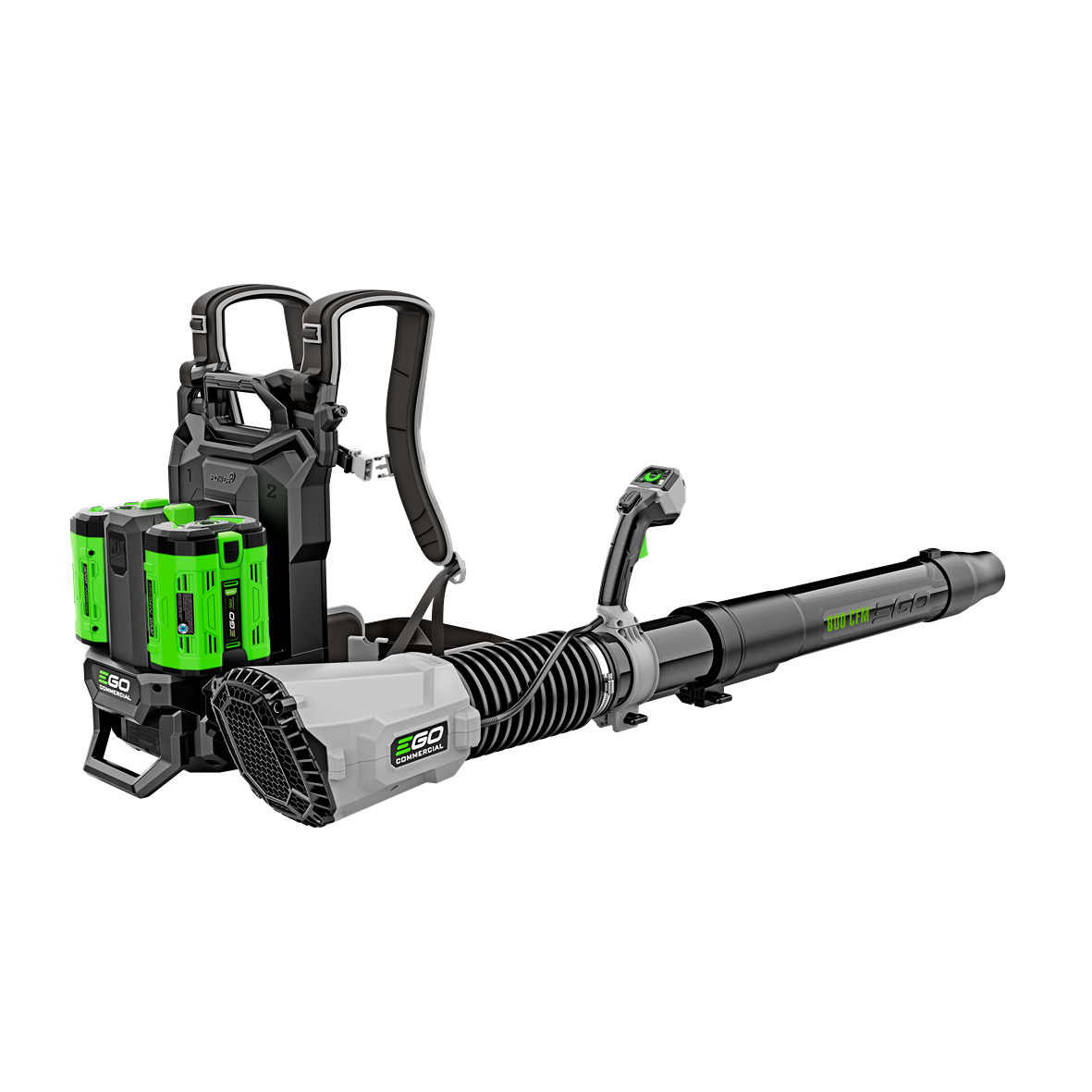 Commercial backpack blower with dual lithium-ion batteries and ergonomic straps for tools and home improvement tasks
