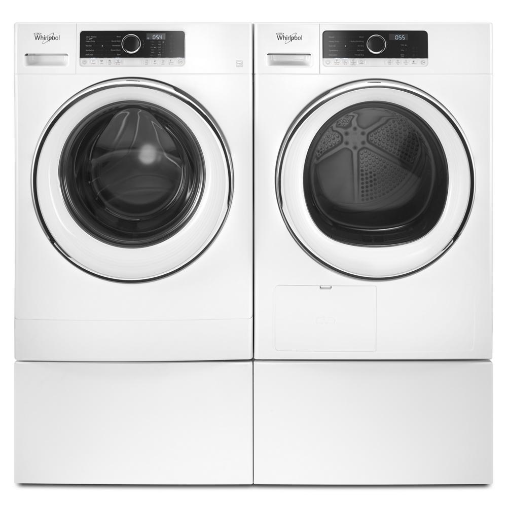 Pair of white Whirlpool front load washer and dryer on matching 12-inch laundry pedestals in appliances collection