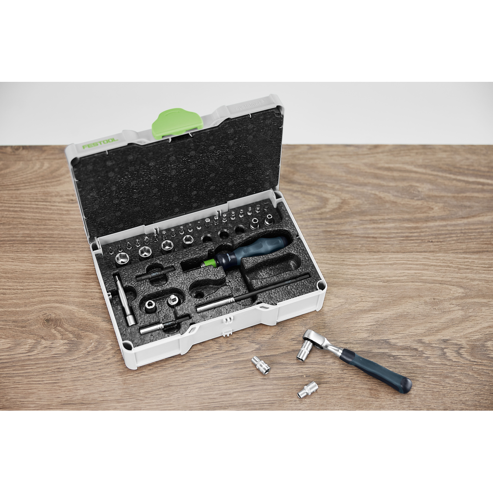 Compact ratchet tool set with various socket heads, screwdriver bits, and ergonomic handle in a durable white case for home improvement tasks