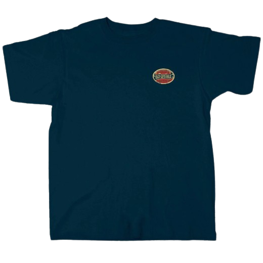 Navy blue men's shirt with small vintage-style "Old Guys Rule" logo in men’s clothing and under $50 collections