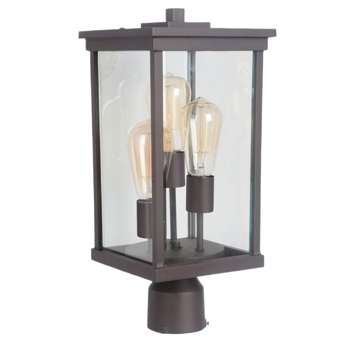 Large outdoor post light fixture in oiled bronze finish with three vintage-style bulbs for yard and garden lighting