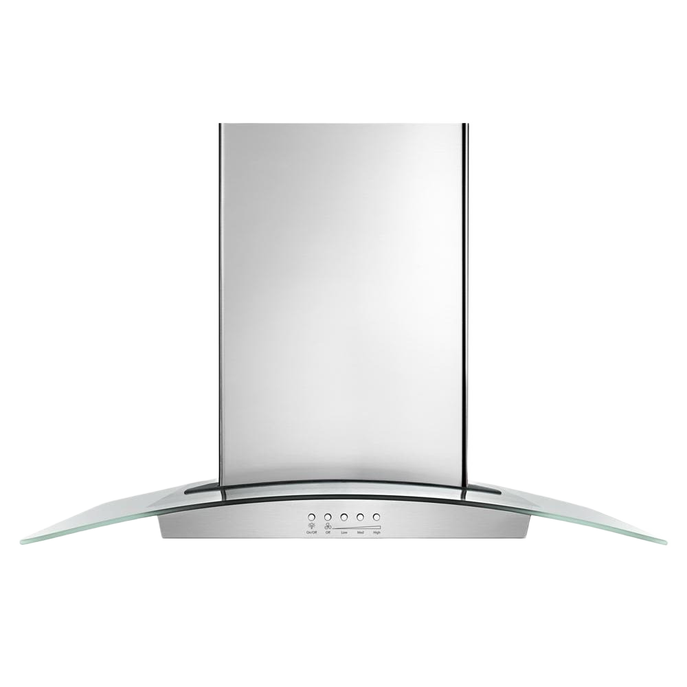 Modern wall-mounted range hood with curved glass canopy and stainless steel body for kitchen ventilation and home improvement