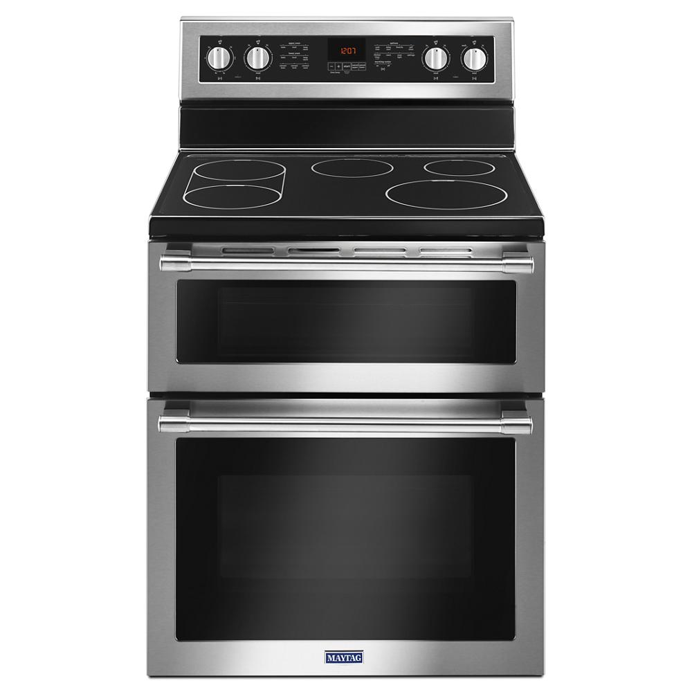 Stainless steel 30-inch wide double oven electric range with smooth glass cooktop, digital controls, and six control knobs, part of Ranges, Electric Ranges, Kitchen & Kitchenware, All Products, Appliances, and Ranges & Cooktops collections.