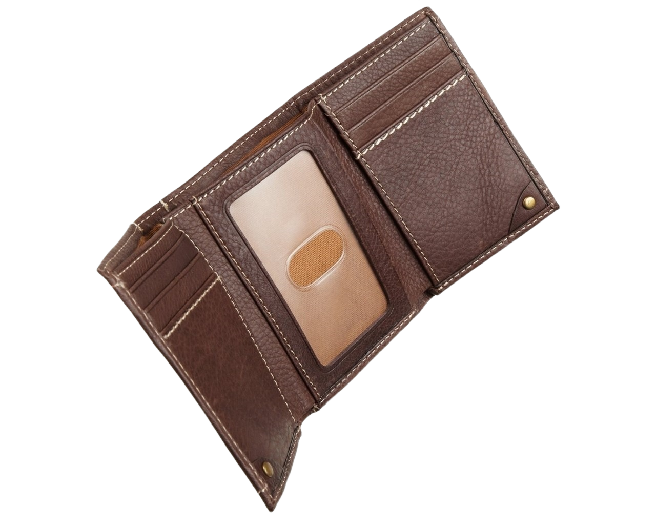Brown leather trifold wallet with multiple card slots and a transparent ID window intended for everyday use