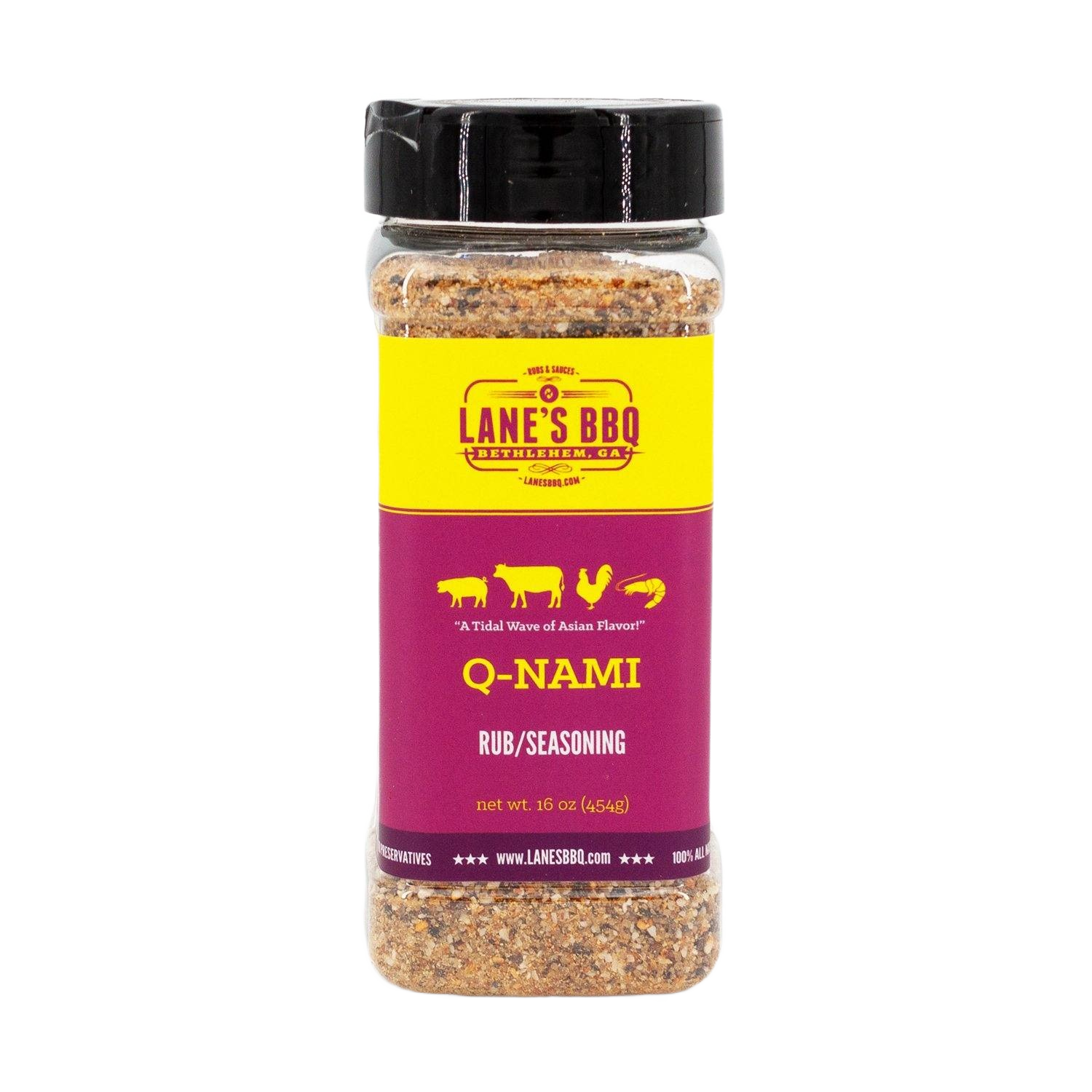 Clear plastic bottle of Lane's Q-NAMI Rub with yellow and purple label in BBQ sauces and spices collection under $50