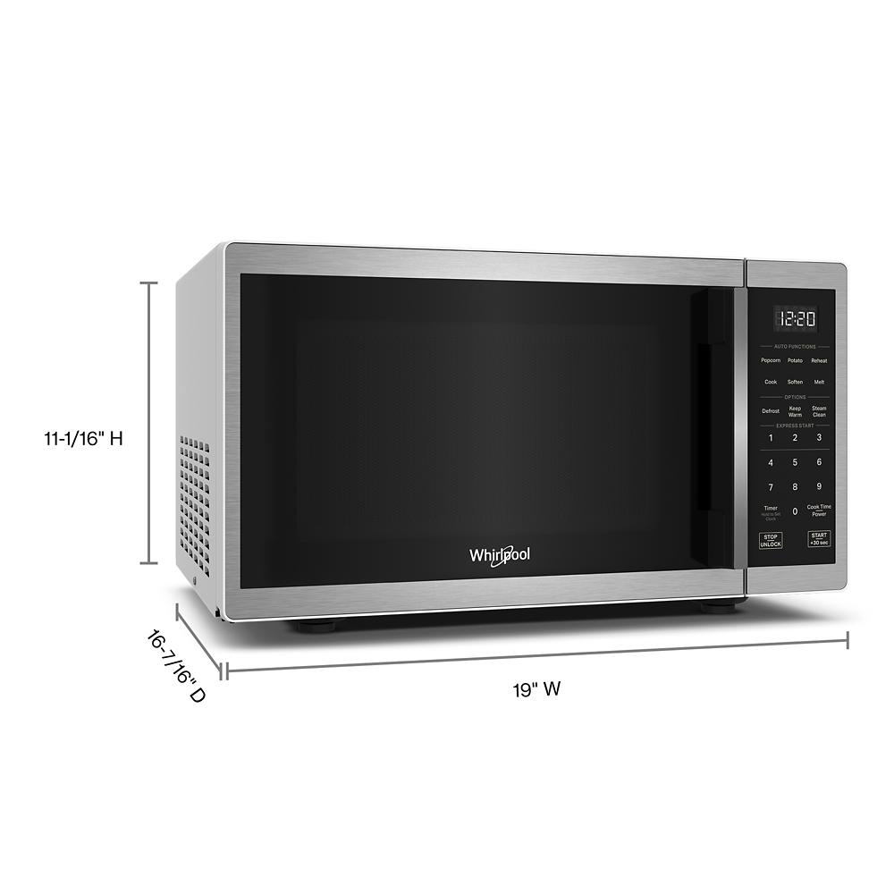 Stainless steel countertop microwave with black glass door, digital touch controls, and LED display in kitchen appliance setting