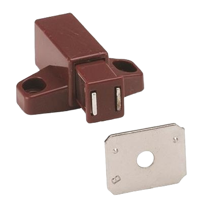 Brown touch latch catch with metal strike plate, ideal for cabinet & furniture hardware in home improvement collections