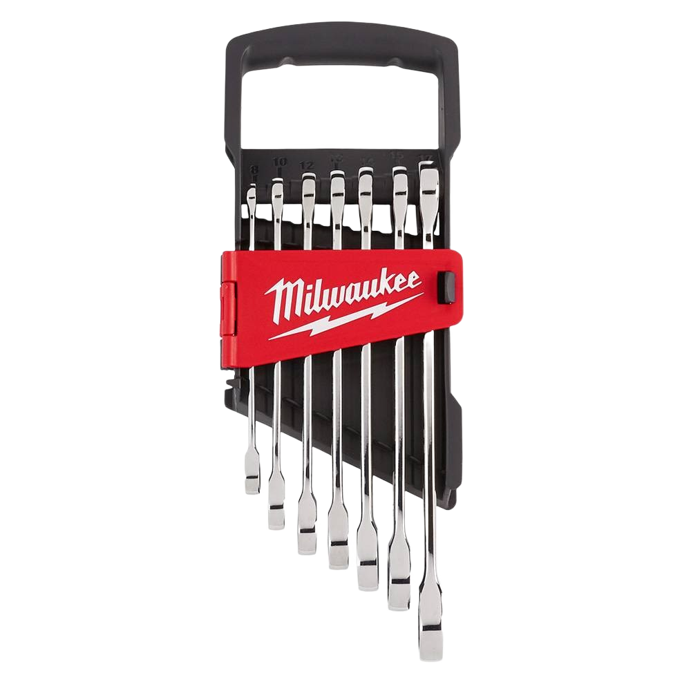 Set of seven ratcheting combination metric wrenches in red and black holder for tools and home improvement tasks