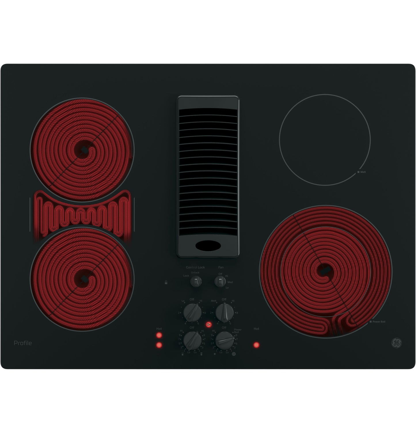 Black electric cooktop with downdraft vent, four radiant burners, and front control knobs from electric cooktops collection