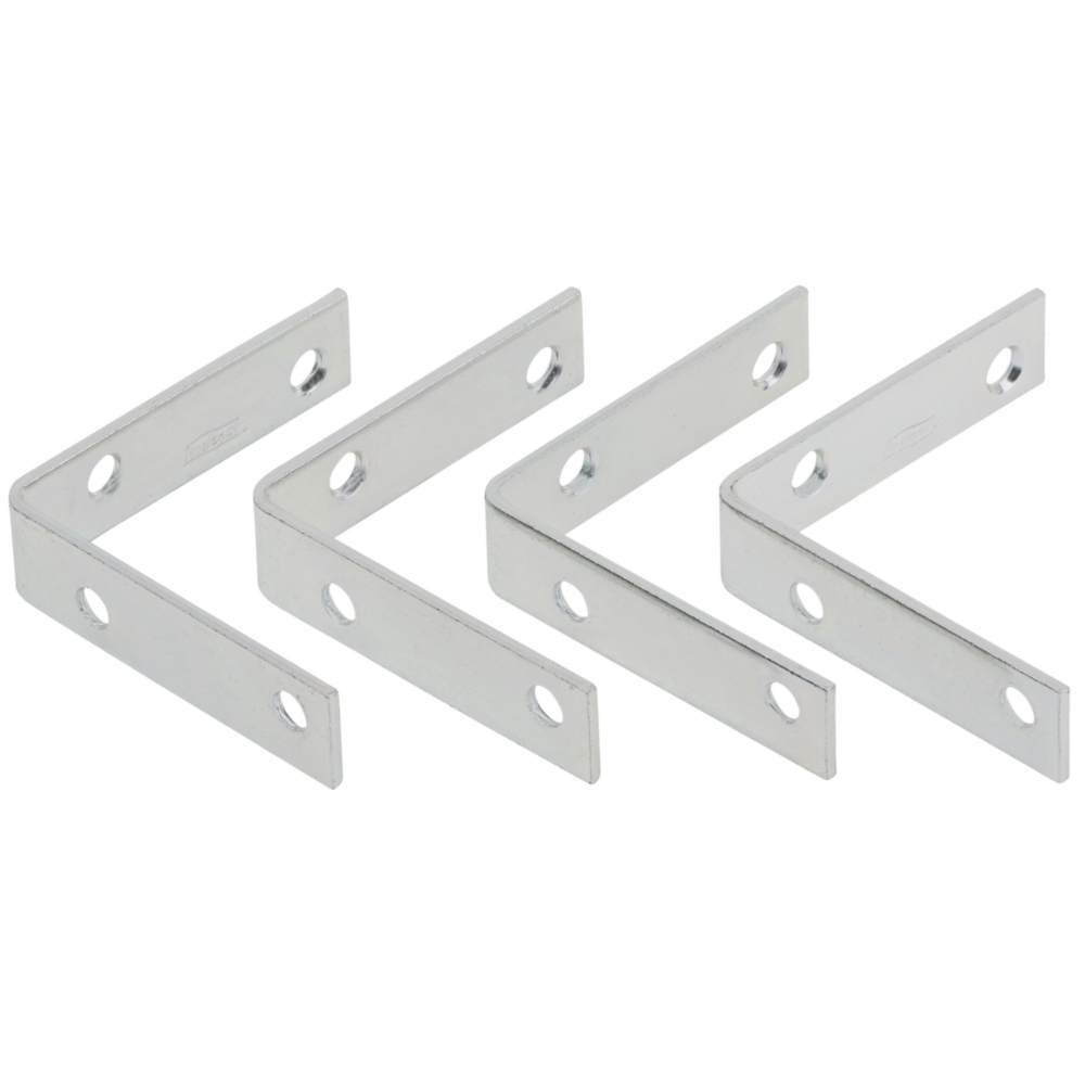 Set of four zinc steel corner braces with pre-drilled holes for reinforcing furniture and home improvement projects under $50