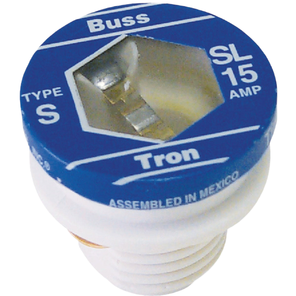 Blue and white plug fuse with metal contacts rated 15 amps for electrical and home improvement use