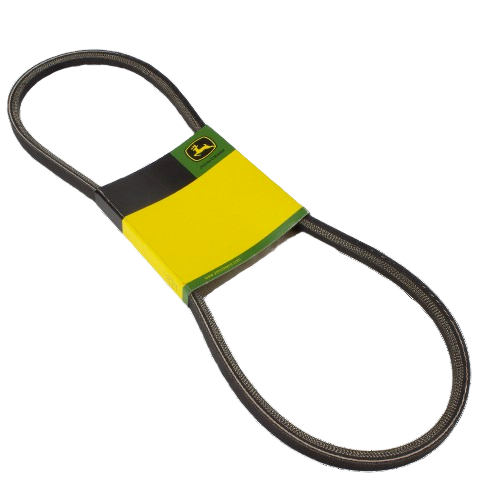 Rubber V-belt with textured surface and branded yellow and green packaging for outdoor equipment maintenance and repair projects