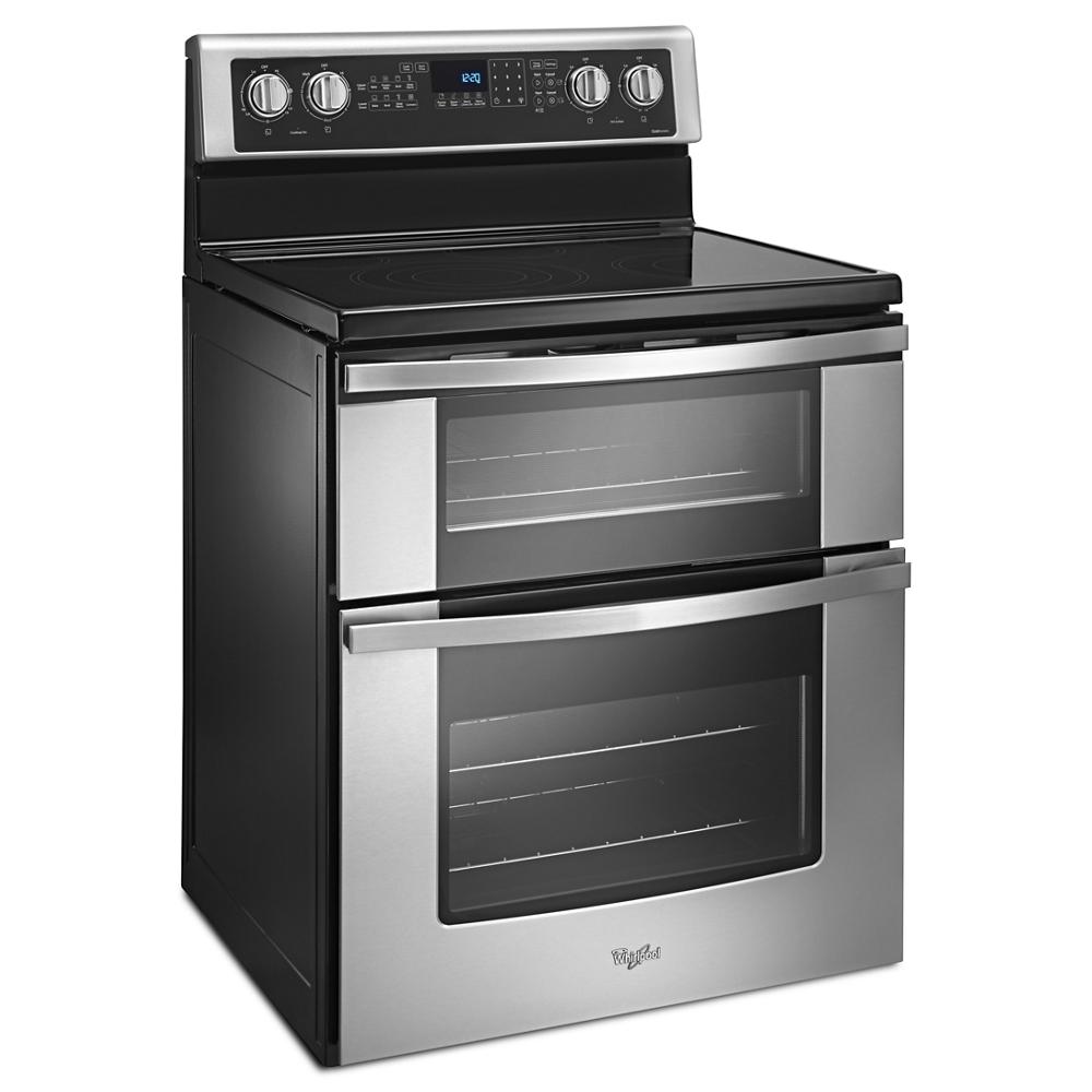 Stainless steel electric double oven range with smooth cooktop and digital controls in Ranges and Appliances collections