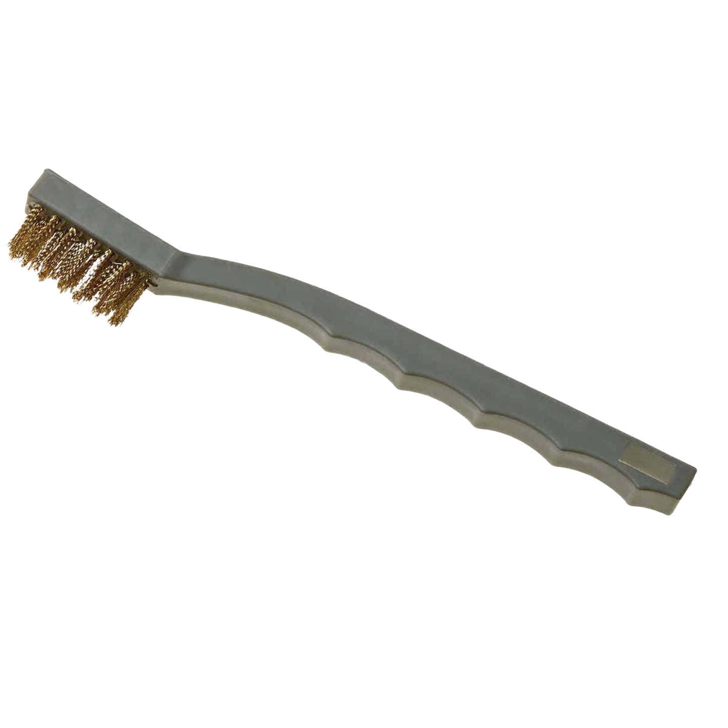 Brass bristle mini brush with gray ergonomic handle for rust and dirt removal in home improvement tasks