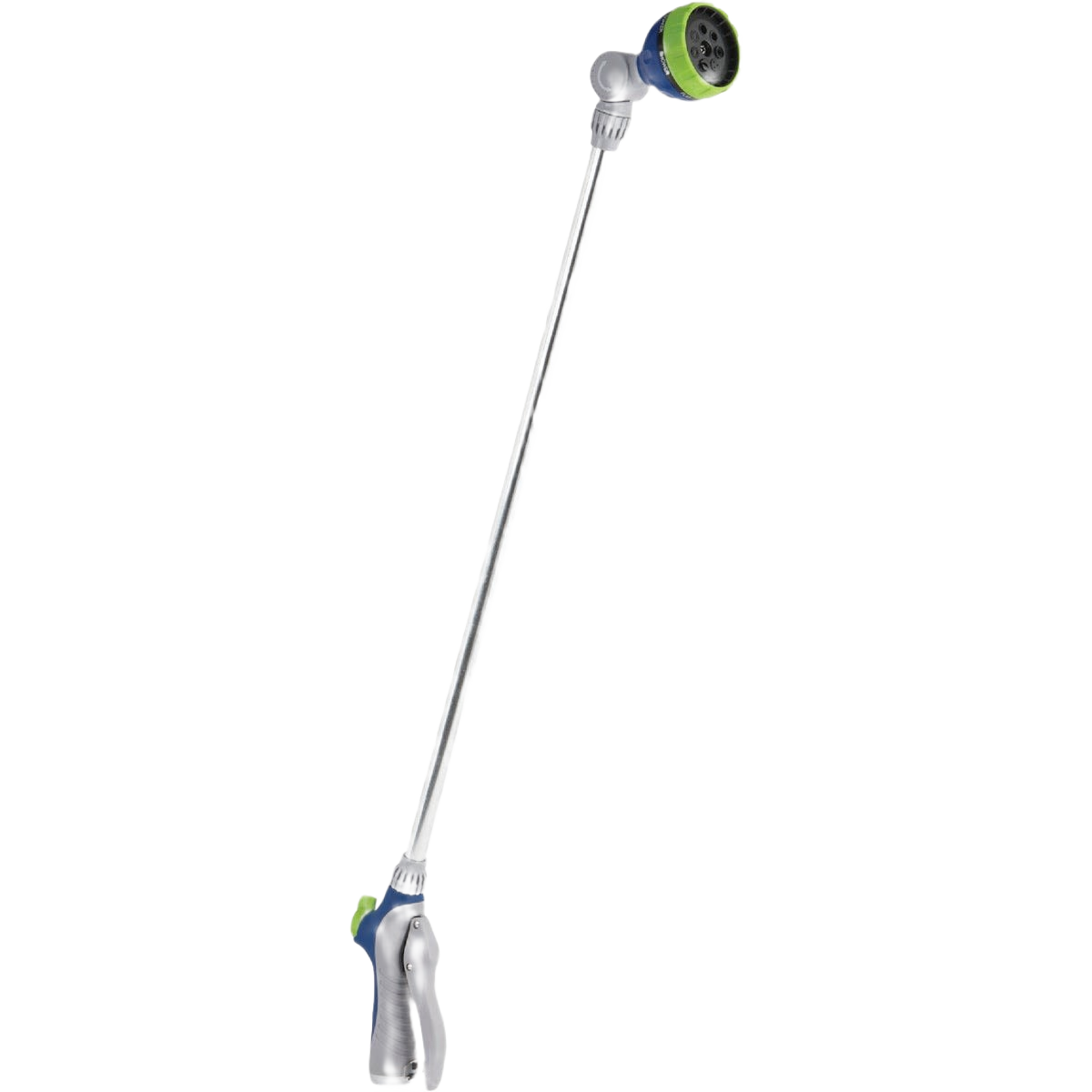 Blue and gray adjustable water wand with metal body and rubber grip for watering and irrigation in lawn and garden tools