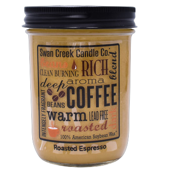 Glass jar candle with roasted espresso scent and warm coffee-themed label for home ambiance and fragrance