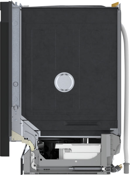 Side view of a black 24-inch dishwasher showing internal components for Bosch kitchen appliances collection.