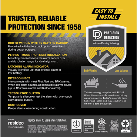 Yellow and black information label highlighting features of a hardwired ionization smoke alarm for home safety and easy installation