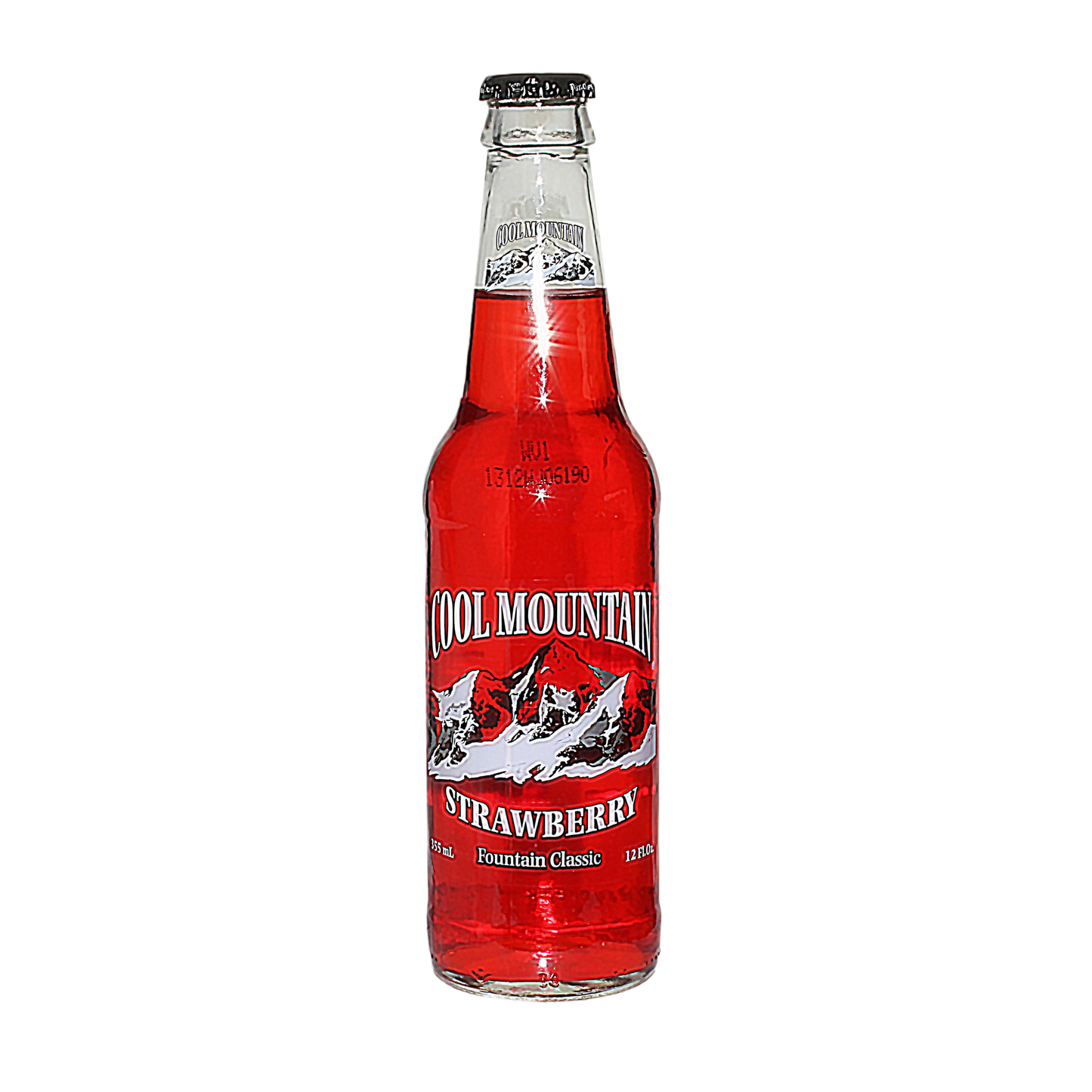 Glass bottle of bright red strawberry soda with mountain graphic and vintage-style label design