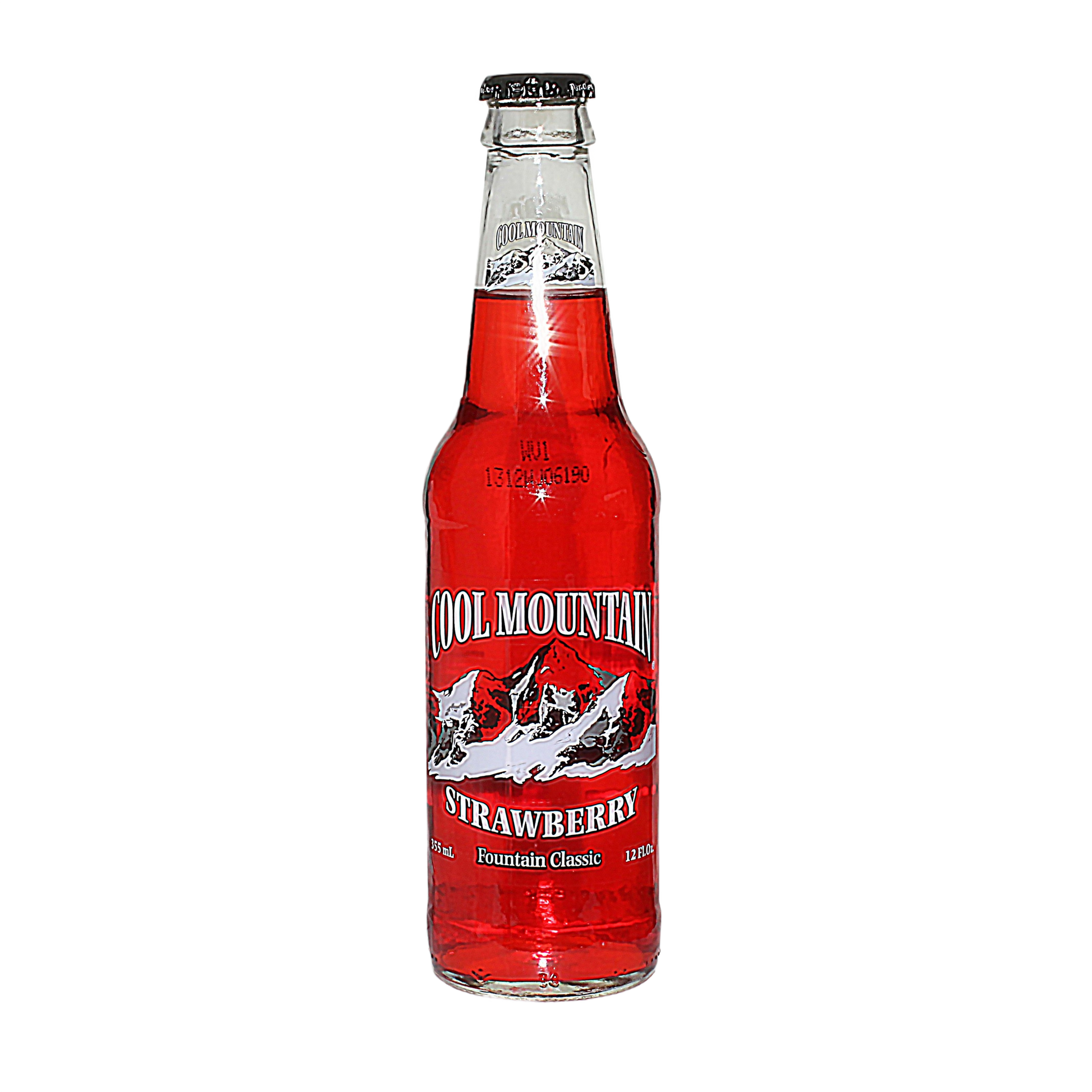 Glass bottle of bright red strawberry soda with mountain graphic and vintage-style label design