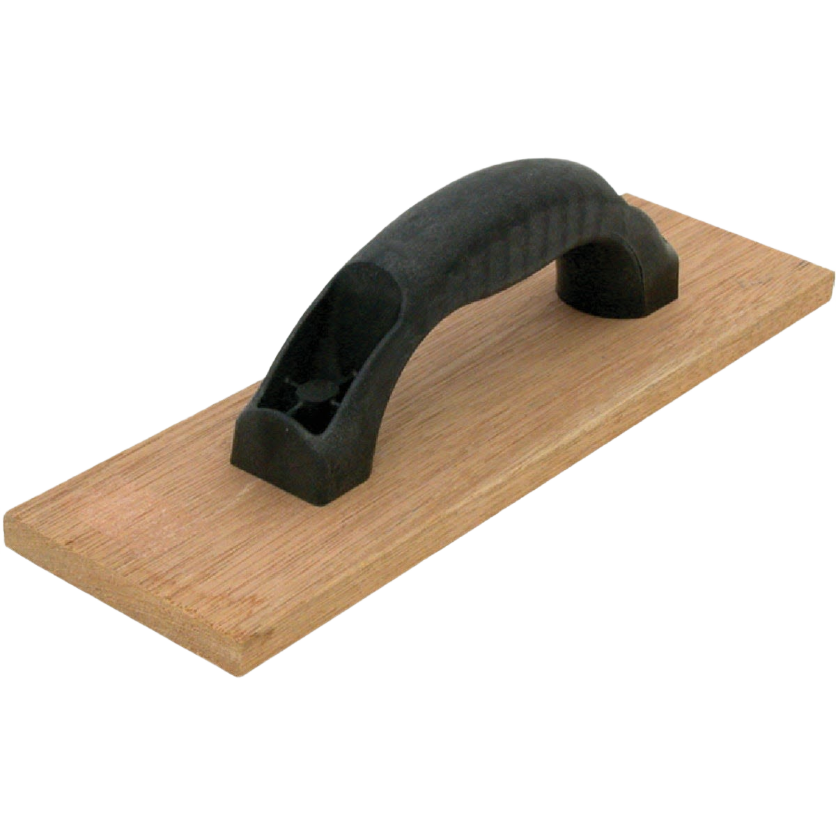 Wood hand float with ergonomic black plastic handle for smoothing surfaces in home improvement projects