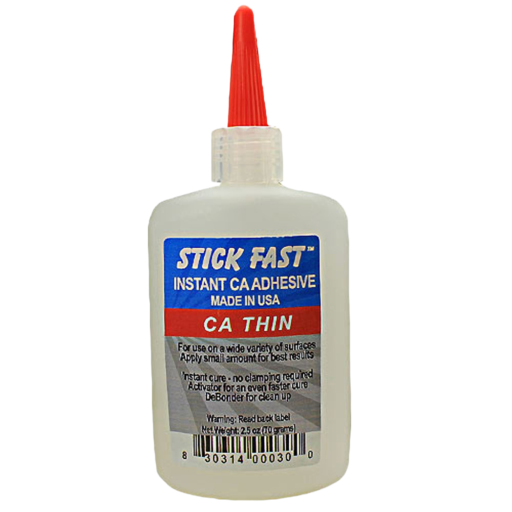 Clear 2.5 oz bottle of Stick Fast CA Thin Glue for quick bonding, part of Glue & Adhesives under $50 collection
