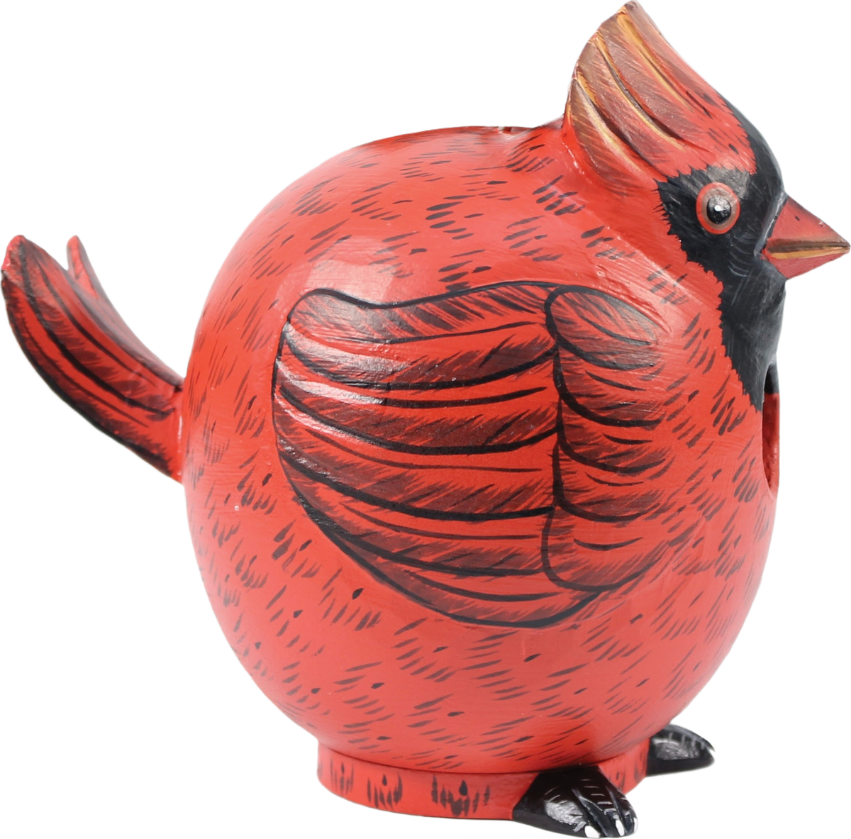 Round red metal cardinal bird sculpture with detailed wings and crest for home decor or garden accents