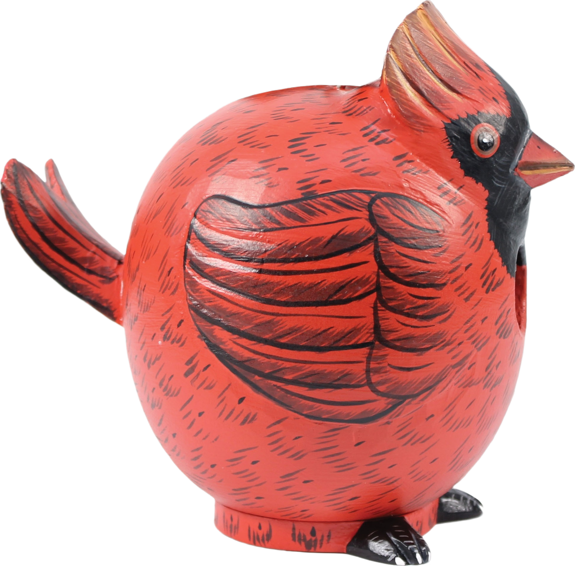 Round red metal cardinal bird sculpture with detailed wings and crest for home decor or garden accents