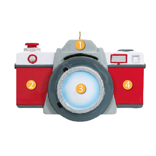 Personalized red camera ornament with silver and white accents for Christmas tree decorations under $50 collection