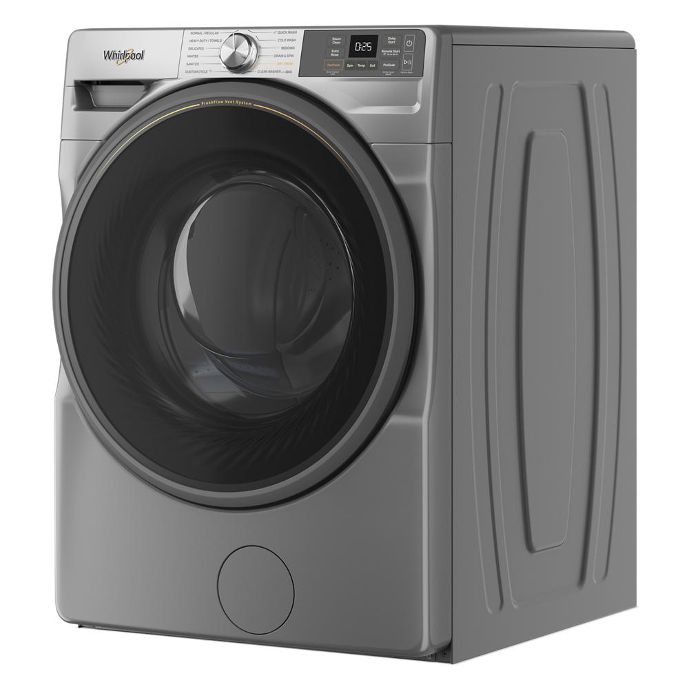 Angled view of a platinum front load washer with digital controls from the Front Load Washers collection