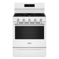 White 30-inch gas range with digital display, five control knobs, and large oven door in kitchen appliances collection