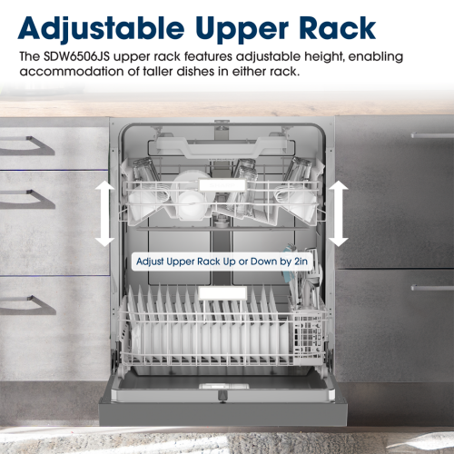 Open stainless steel dishwasher with adjustable upper rack for taller dishes from kitchen and appliances collection