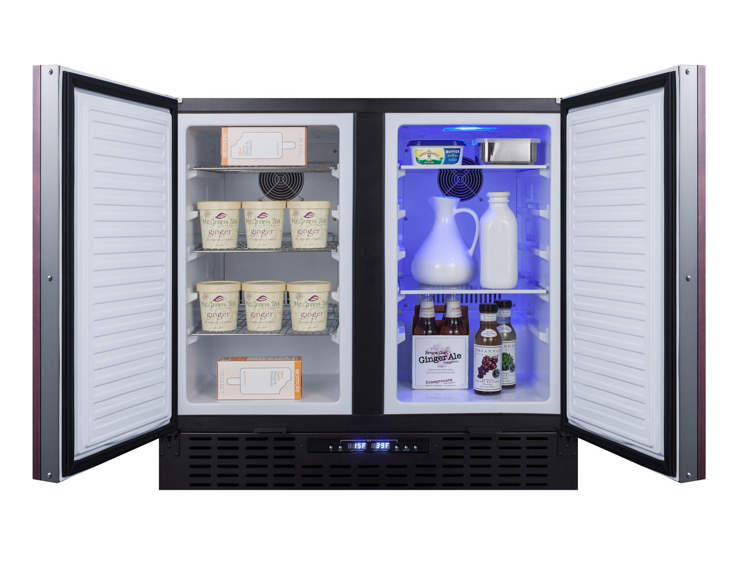 36-inch built-in refrigerator-freezer with dual compartments, digital controls, and clear interior shelving in kitchen appliance setting