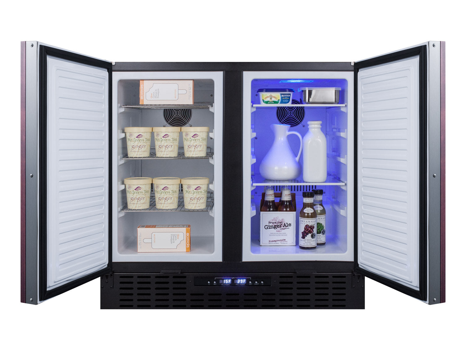 36-inch built-in refrigerator-freezer with dual compartments, digital controls, and clear interior shelving in kitchen appliance setting