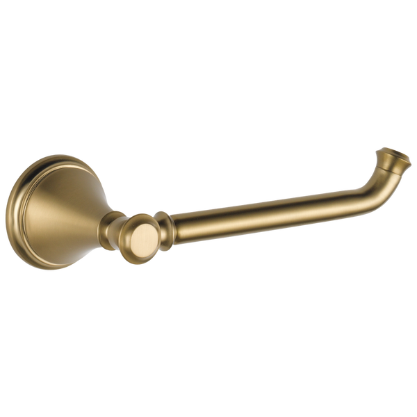Champagne bronze toilet paper holder with round mounting base and classic curved design for home improvement projects