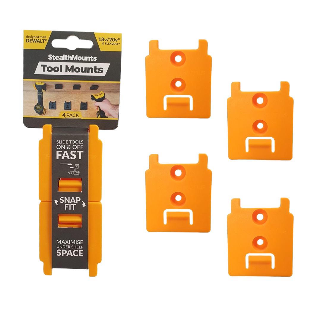 Set of four bright orange tool mounts designed for secure and space-saving storage in workshop organization.
