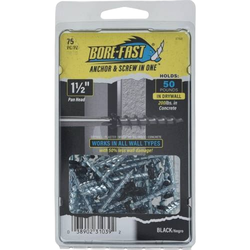 Black 1-1/2 inch Borefast screw anchors, 75-pack for all wall types in hardware and fasteners collections under $50