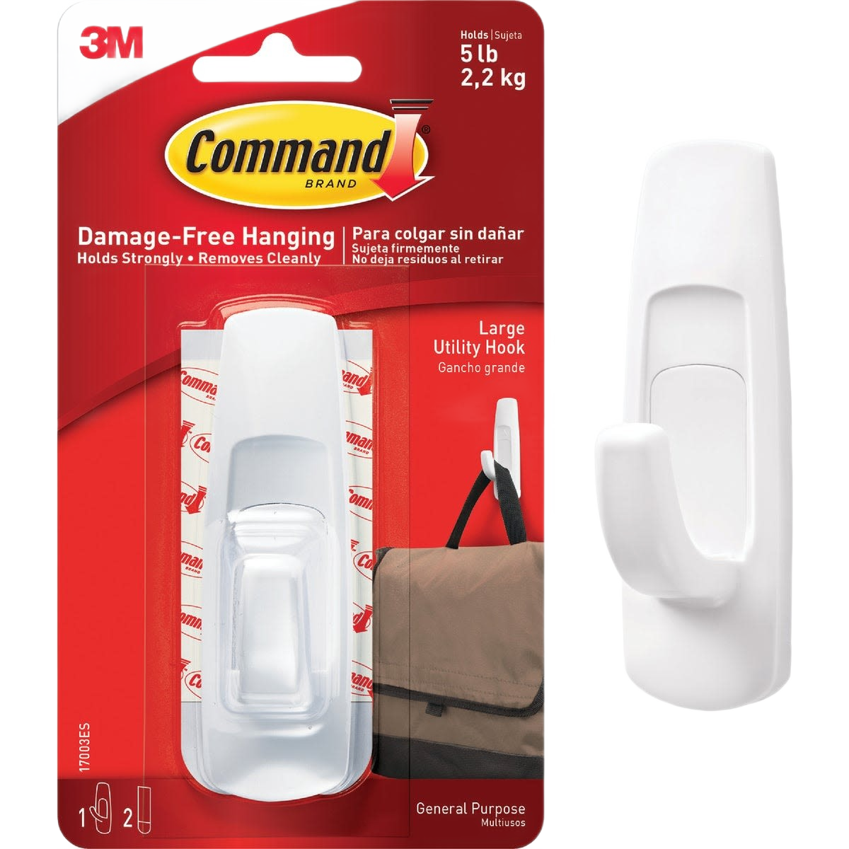 White large utility adhesive hook with damage-free hanging and easy removal for home improvement and tools use