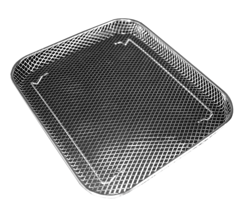 Rectangular wire mesh airfry basket with raised edges for use in kitchen appliances and ranges collection