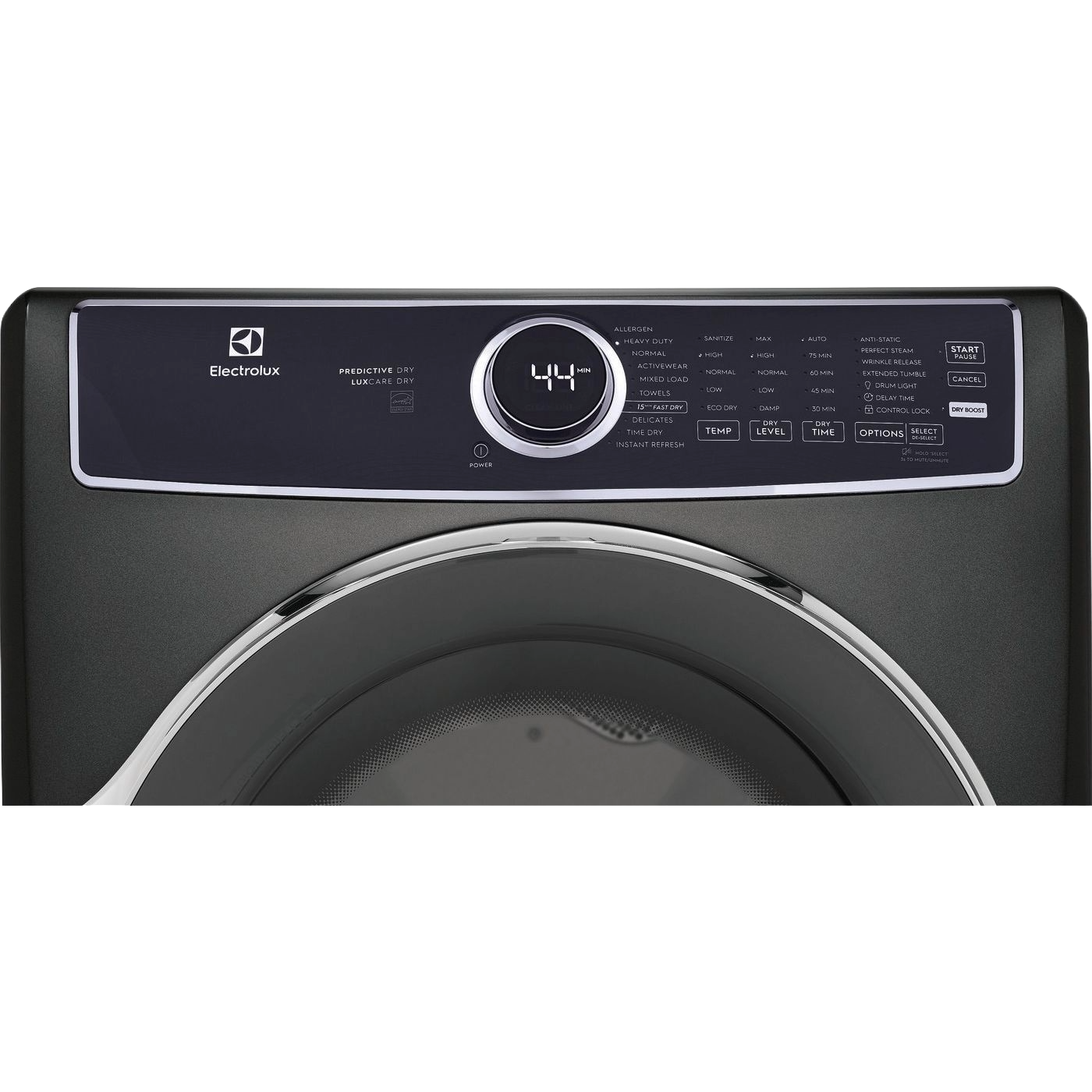 Close-up of control panel and digital display on dark gray front load electric dryer from appliances collection