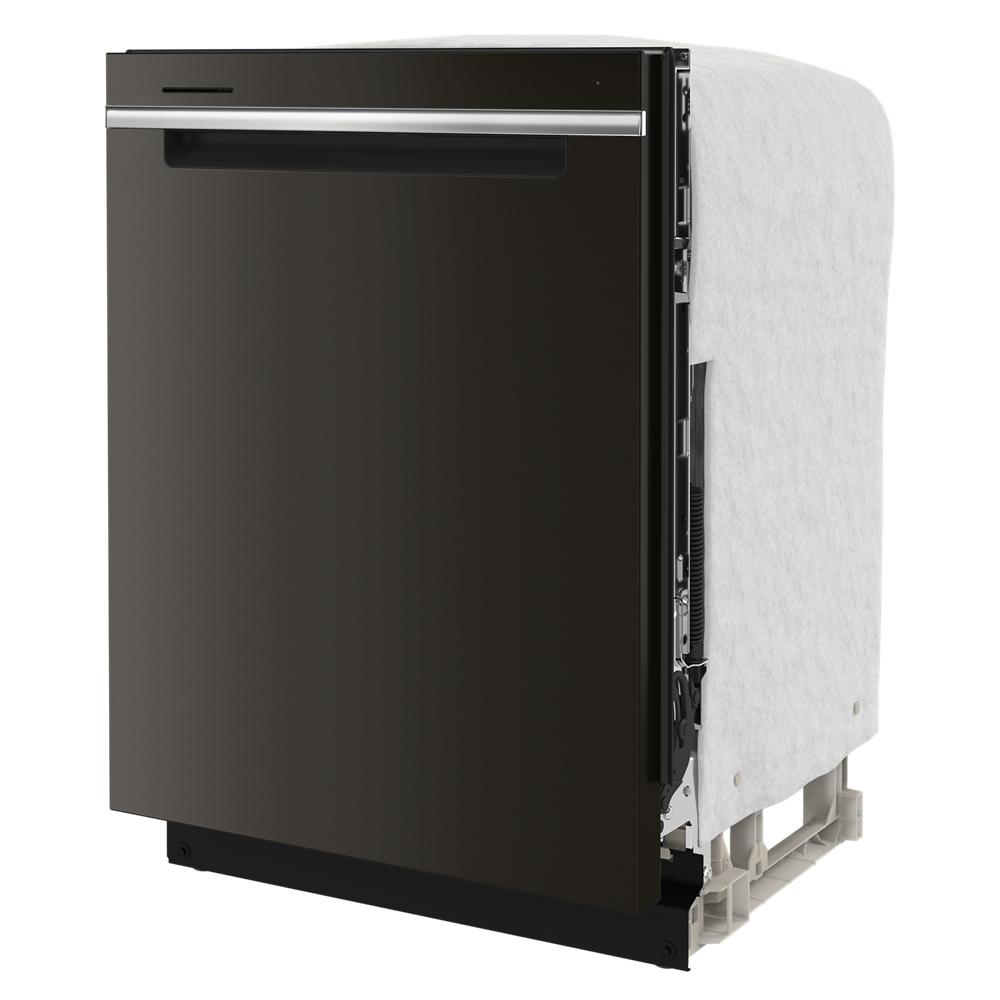 Front view of black stainless steel built-in dishwasher with sleek handle for kitchen appliances collection