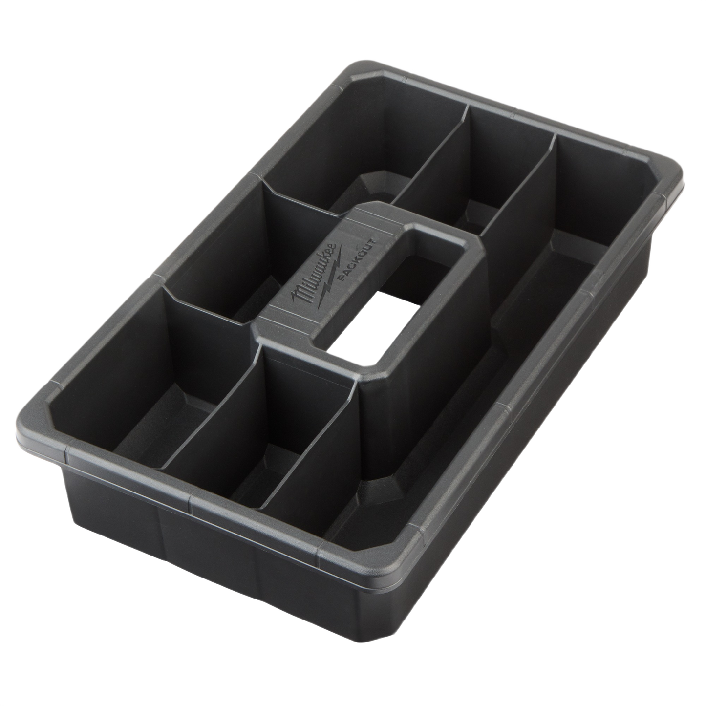 Black plastic organizer tray with multiple compartments for tool storage and workshop organization accessories