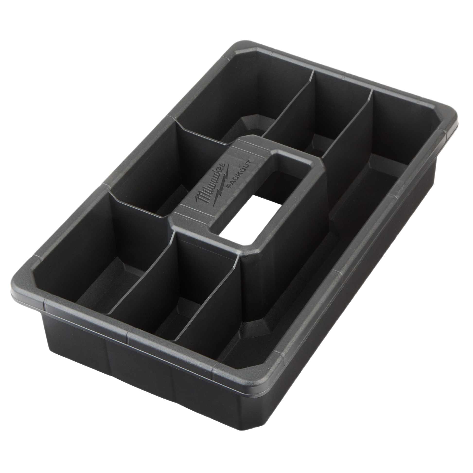 Black plastic organizer tray with multiple compartments for tool storage and workshop organization accessories